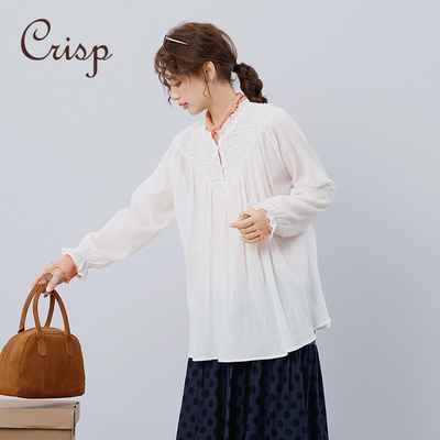 CRISP日系穿搭森女压褶轻薄木耳领衬衫女喇叭袖小衫2025春季新款