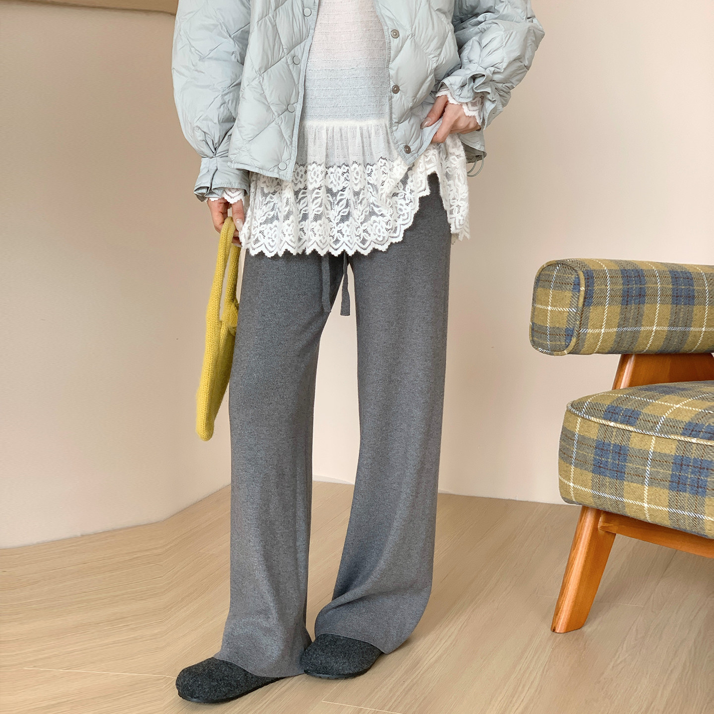 CRISP日系穿搭加厚针织直筒裤女休闲裤长款灰色裤子2025冬季新款,女装/女士精品,休闲裤,淘宝优惠券,粉丝福利购,淘宝优惠卷