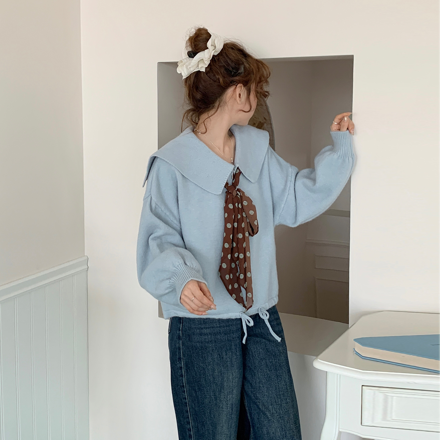 CRISP日系穿搭海军领半拉链套头针织衫女抽绳毛衣2025秋冬新款