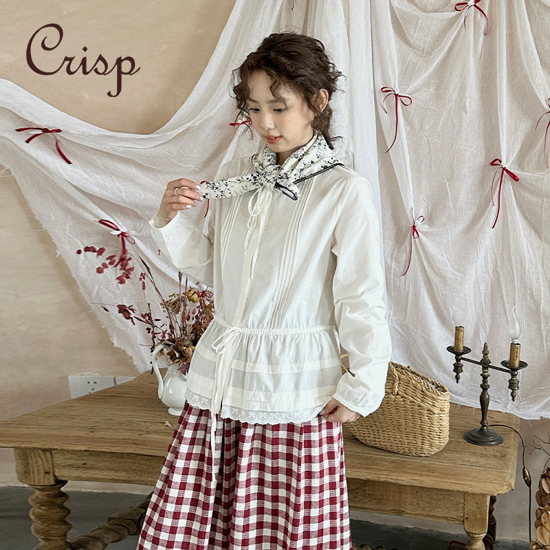 CRISP日系森女木耳边圆领衬衫女花边收腰系带上衣2025春季新款