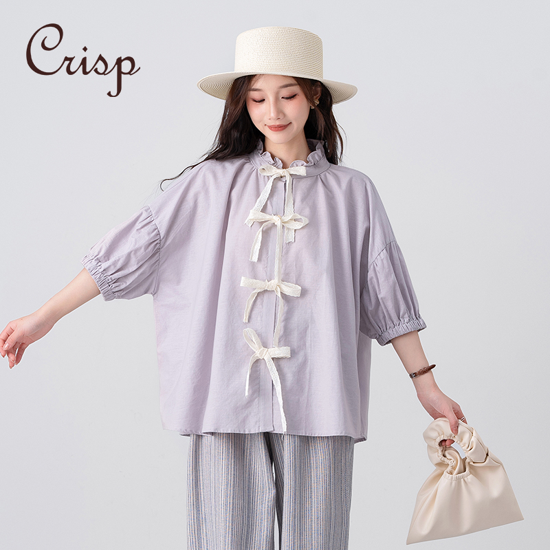 CRISP日系木耳边七分袖系带衬衫