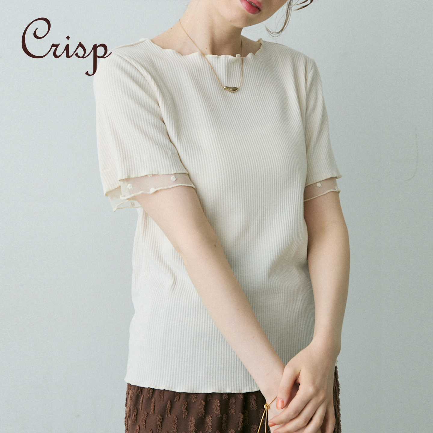 CRISP日系蕾丝边坑条针织短袖T恤女夏独特超好看正肩上衣2025新款