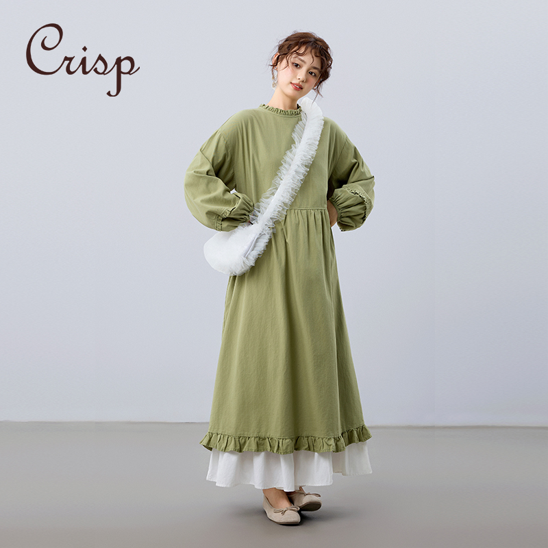 CRISP日系穿搭木耳边灯笼袖连衣裙春日少女纯棉长裙2025春季新款