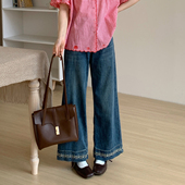 女深蓝色低腰窄版 裤 子2025秋季 CRISP日系穿搭刺绣直筒牛仔裤 新款