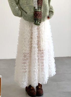 CRISP日系森女木耳褶皱半身裙长款漂亮独特网纱半裙2026春季新款