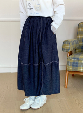 CRISP日系穿搭明线仿牛仔半身裙女长款小个子花苞裙2025秋季新款