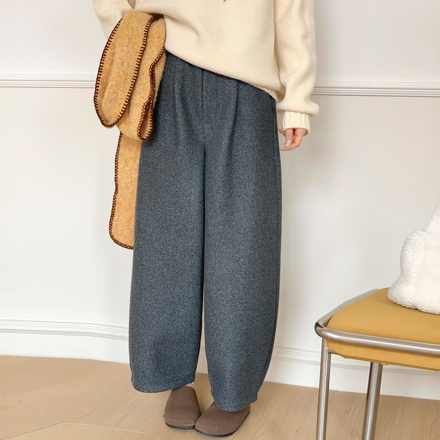 CRISP日系穿搭呢子九分弯刀裤女加厚宽松阔腿休闲裤2025冬季新款