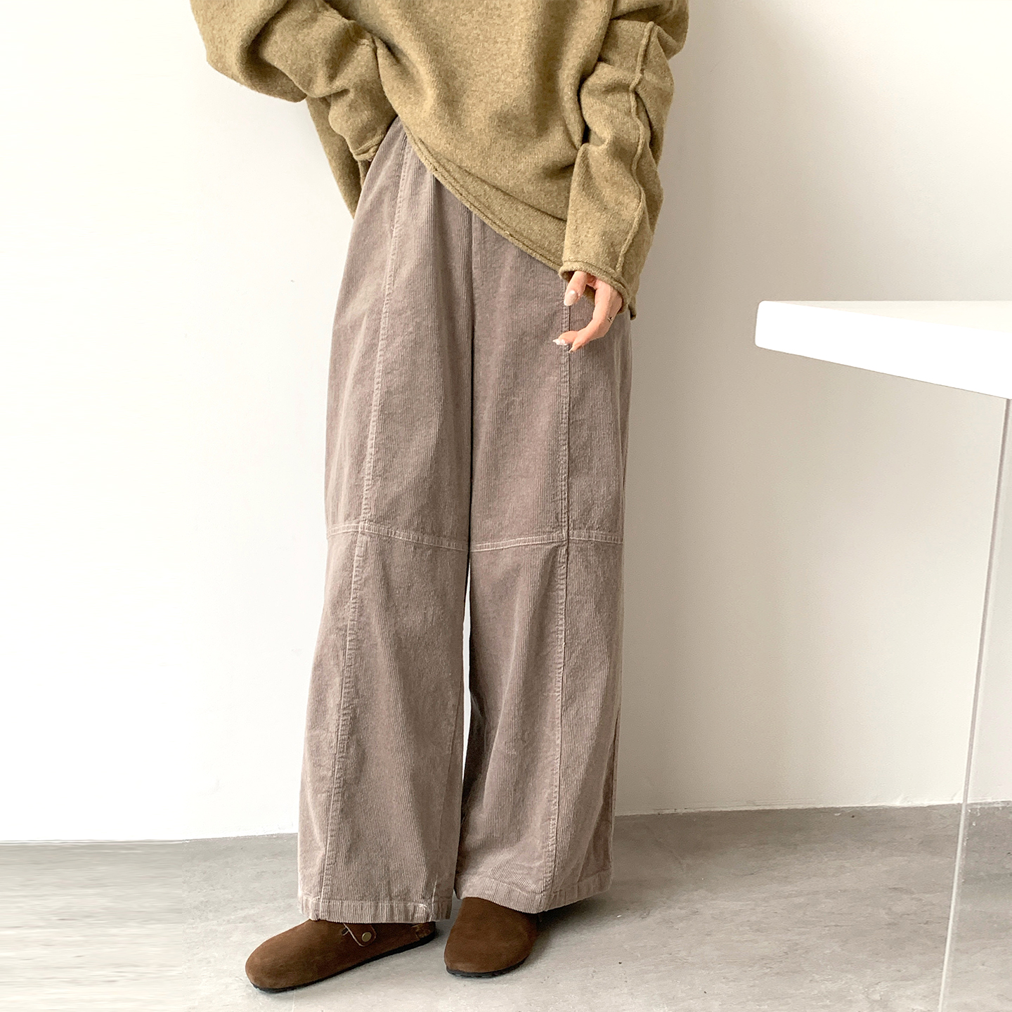 CRISP日系穿搭灯芯绒拼接阔腿裤女小个子直筒休闲裤2025秋冬新款