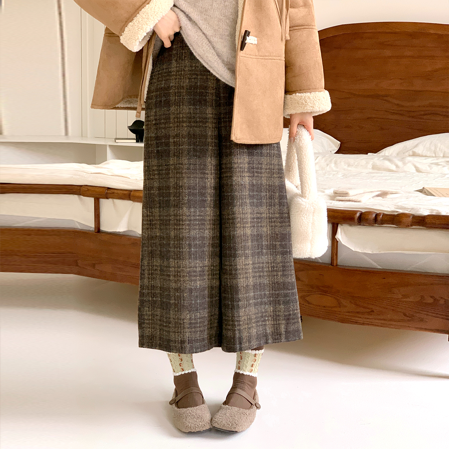 CRISP日系穿搭格纹毛呢九分阔腿裤女小个子休闲裤子2025冬季新款