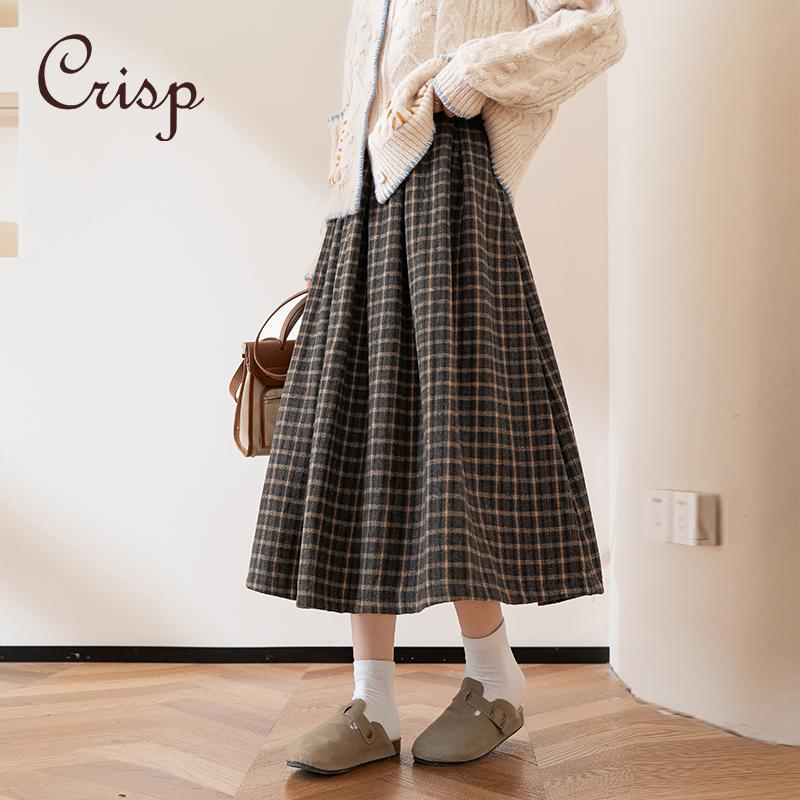 CRISP日系穿搭复古毛呢格子半身裙a字百褶裙大摆伞裙2024秋冬新款