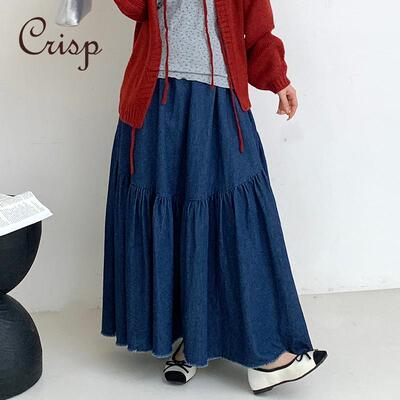 CRISP日系穿搭牛仔大摆a字半身裙小个子拼接捏褶长裙2025早春新款