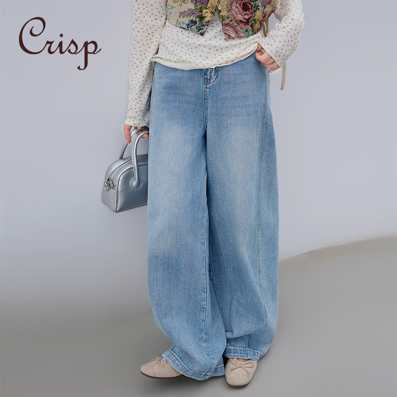 CRISP日系穿搭水洗蓝阔腿牛仔裤女慵懒宽松垂感裤子2025春季新款
