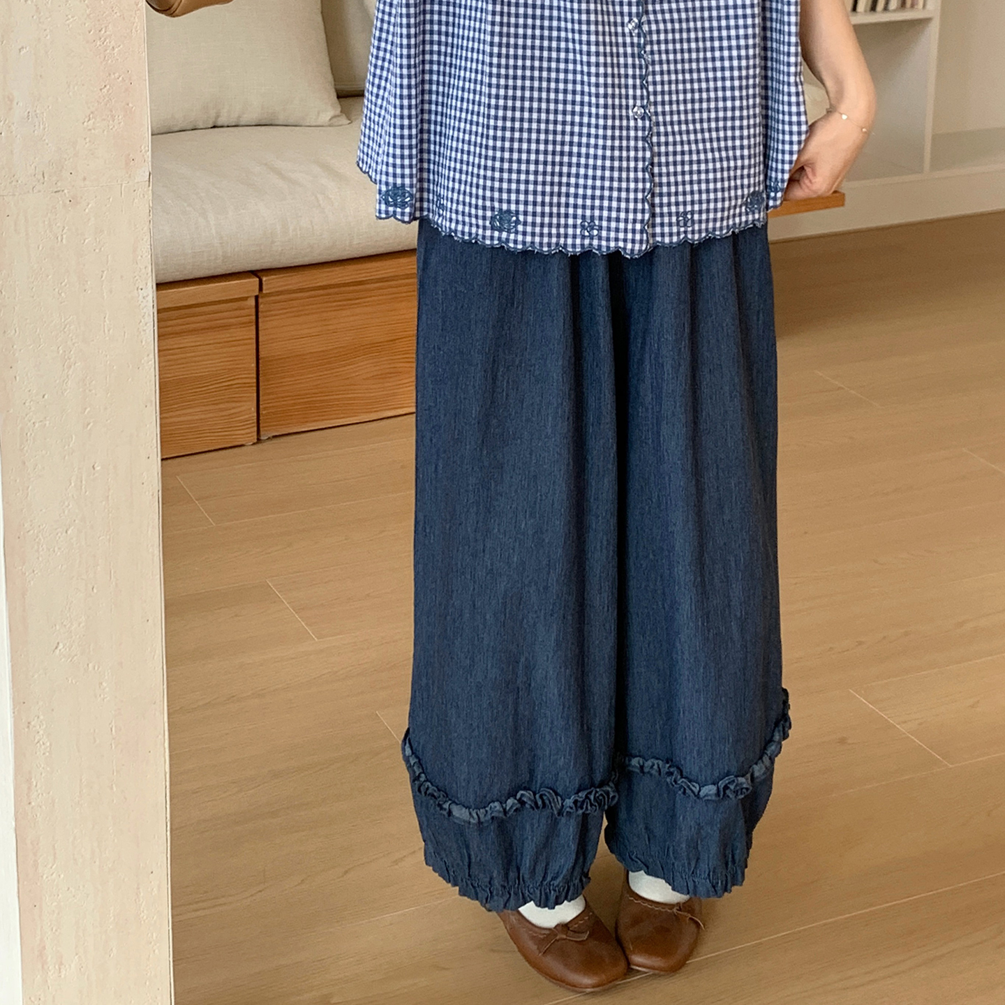 CRISP日系穿搭木耳边阔腿蓝色牛仔裤女小个子灯笼裤2025秋季新款
