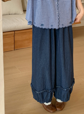CRISP日系穿搭木耳边阔腿蓝色牛仔裤女小个子灯笼裤2025秋季新款