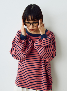 CRISP日系穿搭螺纹撞色条纹宽松T恤女灯笼袖开叉上衣2025秋季新款