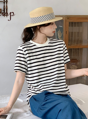 CRISP日系穿搭条纹短袖T恤女薄款圆领正肩上衣超好看2025夏季新款