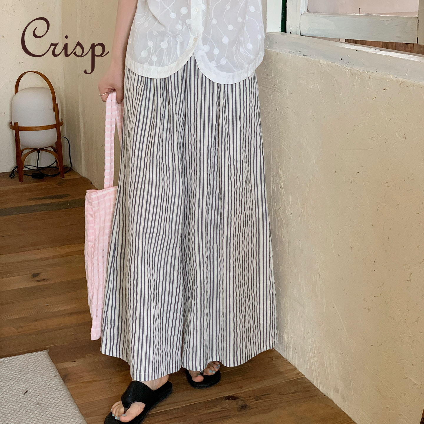 CRISP日系穿搭棉麻条纹阔腿裤女宽松裙裤薄款休闲裤2025夏季新款