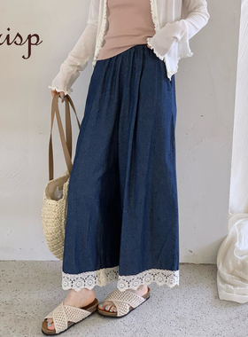 CRISP日系穿搭蕾丝边阔腿牛仔裤宽松薄款深蓝色长裤2025夏季新款
