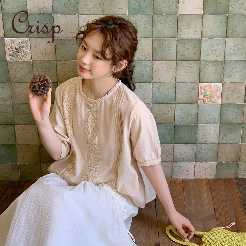 CRISP森系蕾丝绣花小衫女夏独特超好看单穿打褶短袖衬衫2025新款