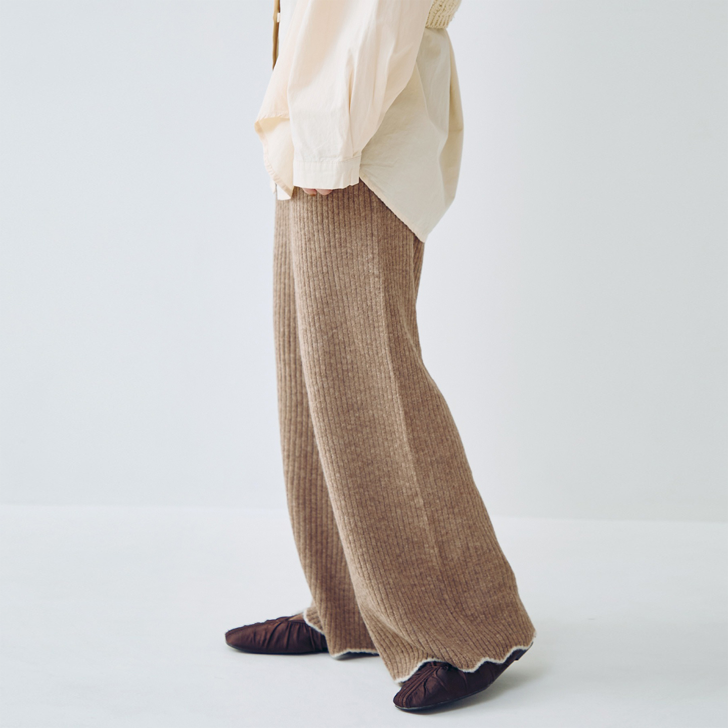 CRISP日系穿搭白色针织裤女撞色裤脚阔腿裤休闲裤子2025冬季新款