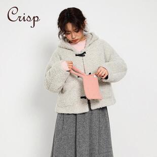 CRISP日系穿搭连帽羊羔毛外套女毛绒短款毛茸茸上衣2024冬季新款