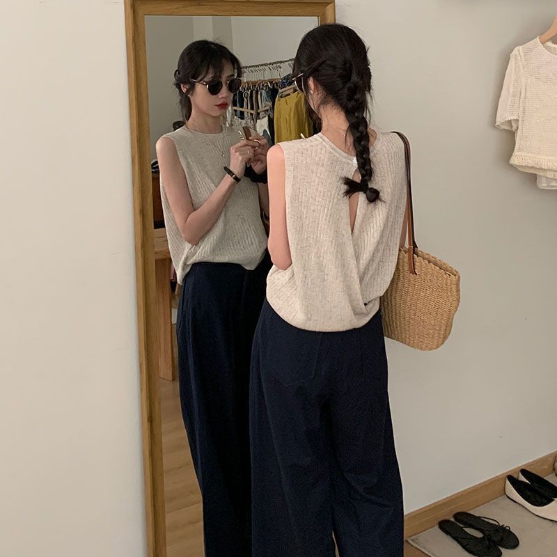 冰丝杏色交叉针织衫女夏