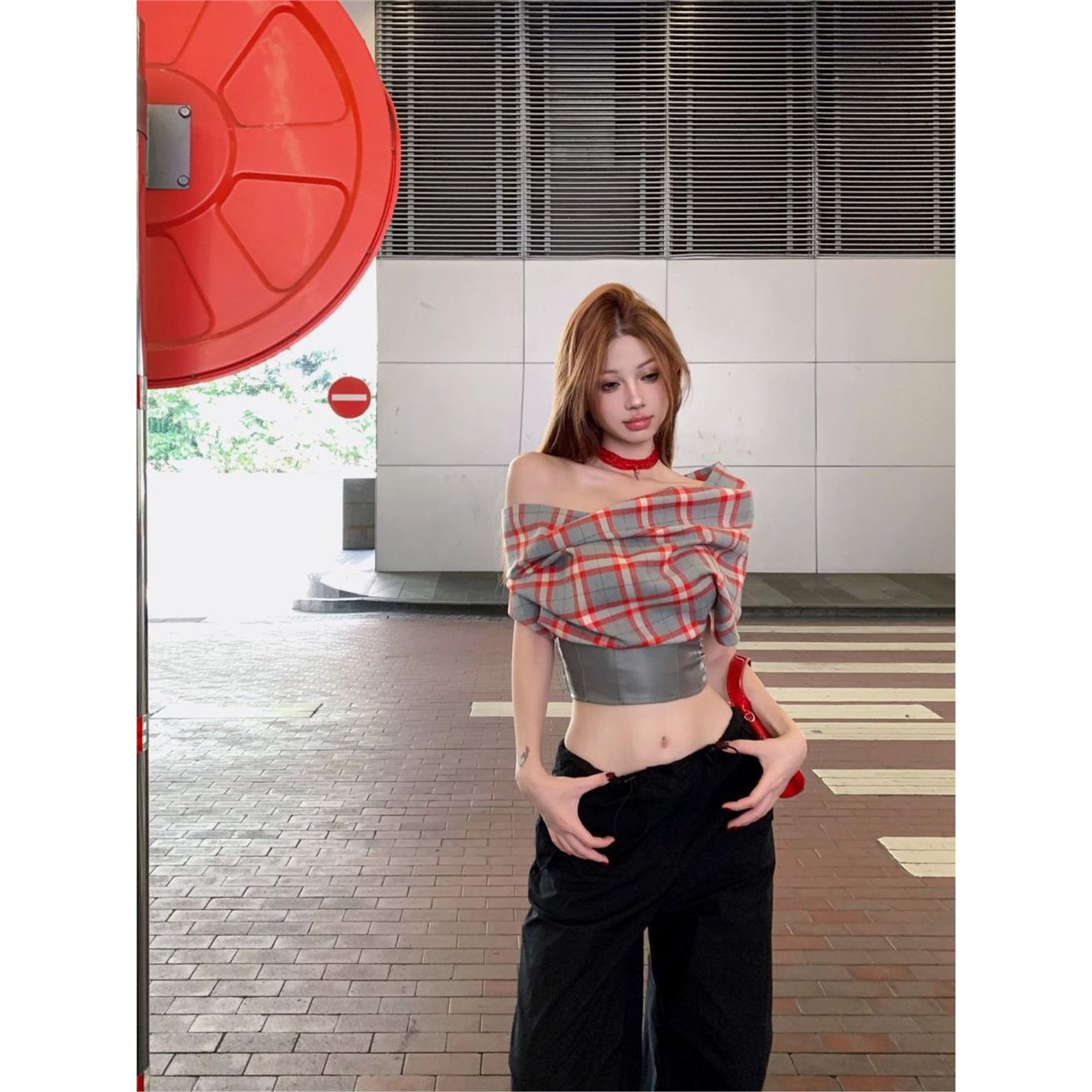 复古格纹短袖挂脖T恤女夏