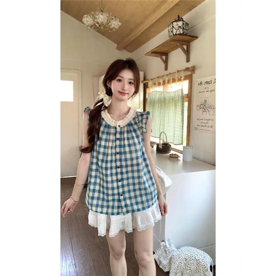韩系复古蓝白格子无袖背