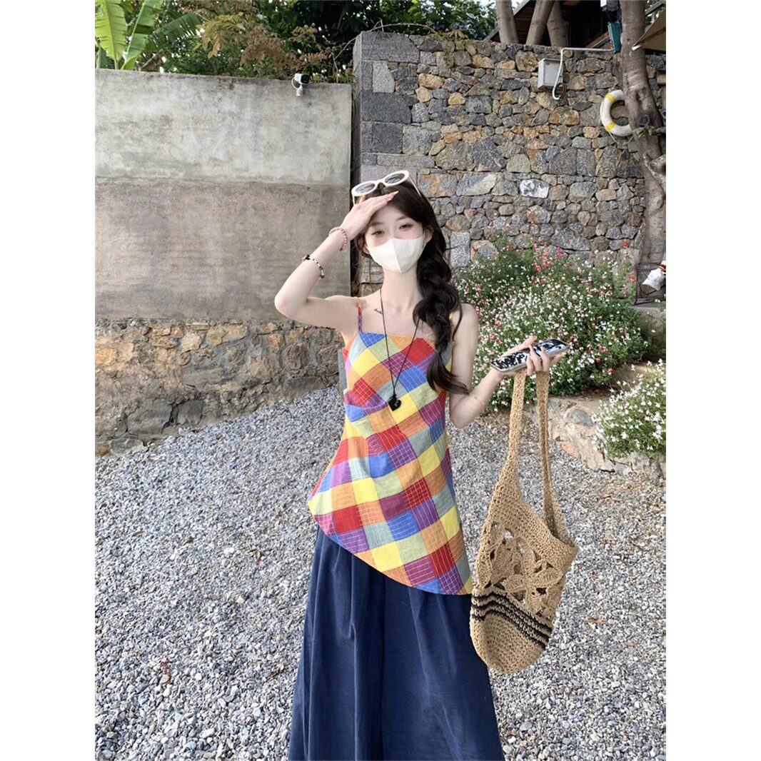 甜辣妹彩色格子吊带背心女夏季小众设计感不规则收腰chic外穿上衣