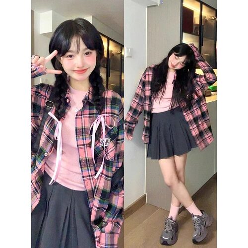 粉黑色格子衬衫外套女设计感新款bm风宽松衬衣上衣
