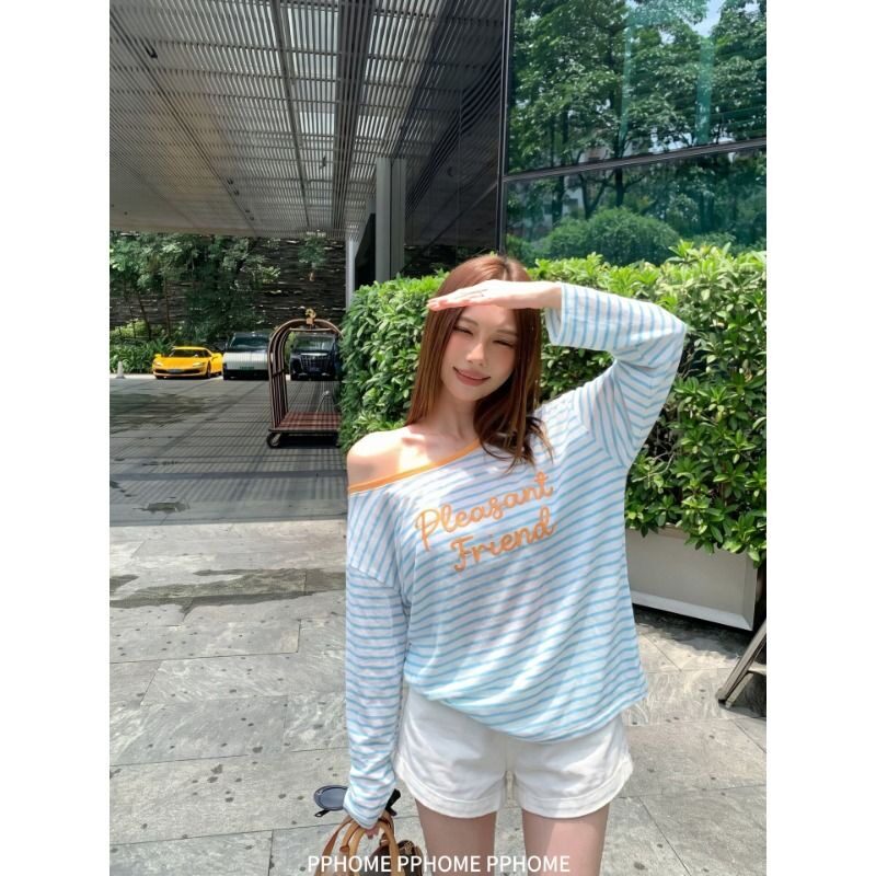 慵懒风撞色条纹斜肩长袖t恤女早秋款露肩字母刺绣体恤松弛感上衣