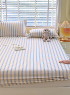 全棉简约蓝色条纹纯棉2米x2米2大床床笠180cmx200cm 200cmx220cm