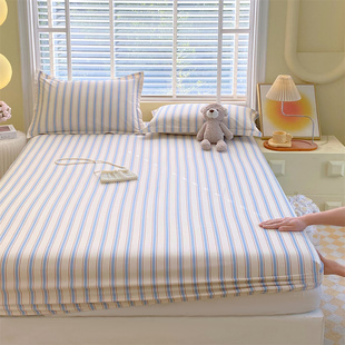 全棉简约蓝色条纹纯棉2米x2米2大床床笠180cmx200cm 200cmx220cm