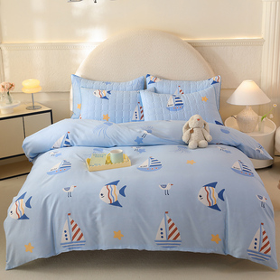 全棉加厚夹棉男童1米35床上四件套床笠款加棉儿童床品三件套135