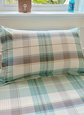 全棉蓝色深色耐脏男士条纹格子枕套一对装家用枕头套48cmx74cm