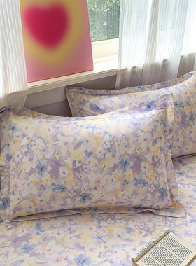 全棉大人紫色碎花田园风枕套一对装四季通用整套枕头套48cmx74cm