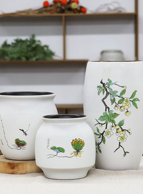 手工白盆粗陶花盆多肉绿植特大号陶瓷花盆透气简约三角梅天堂鸟