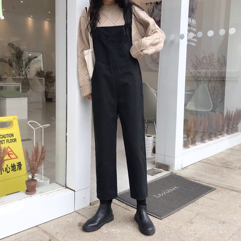 Real shot real price spring new Korean high waist loose tooling age reducing black suspenders