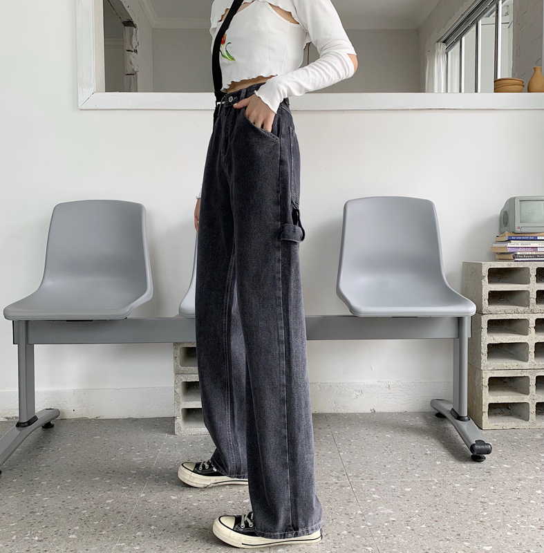 Real price Retro High waist jeans show thin line straight tube wide leg pants women