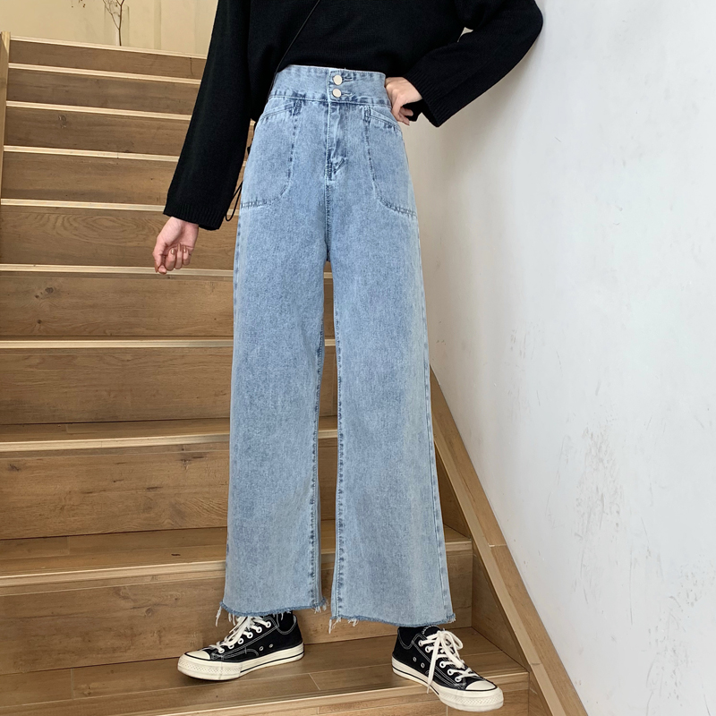 Real price autumn new high waist straight tube loose wide leg versatile thin simple jeans