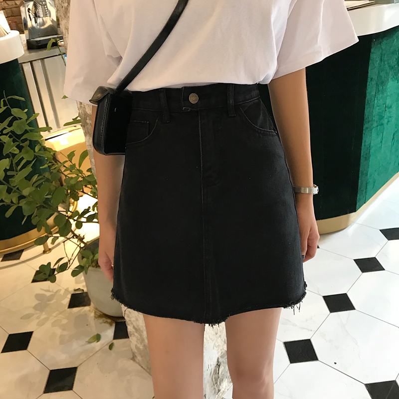 Real shot real price spring Korean Retro High waist with rough edge and simple word denim skirt