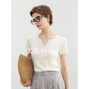 T恤上衣女 XSHUA叙白華「云朵奶白」25夏季 修身 显瘦V领针织衫 短袖