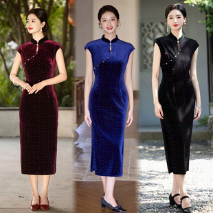 烫钻金丝绒旗袍长款 长款 无袖 日常改良修身 秋季 优雅减龄妈妈装 新品