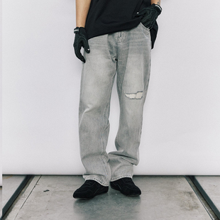 WOW意志驱动【破碎牛仔裤】美式做旧贴布绣破洞直筒牛仔裤男