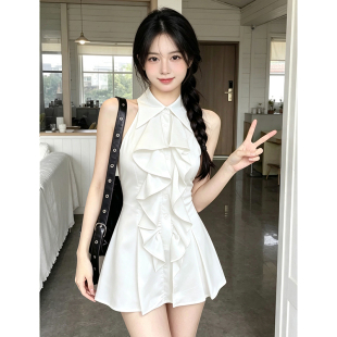 荷叶边无袖衬衫上衣女夏法式气质中长款收腰修身衬衣