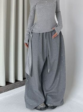 灰色烫钻运动裤女春秋2026新款细闪设计感休闲jazz爵士舞拖地长裤