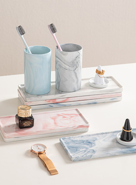 大理石纹陶瓷托盘漱口杯底座创意饭盘家用长方形菜盘子陶瓷牙刷架