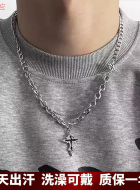 钛钢十字架吊坠项链男高级感痞帅潮流毛衣链女款小众锁骨链毛衣链