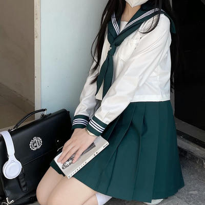 东临社原创jk制服套装女学院风绿色海军领上衣百褶裙两件套水手服