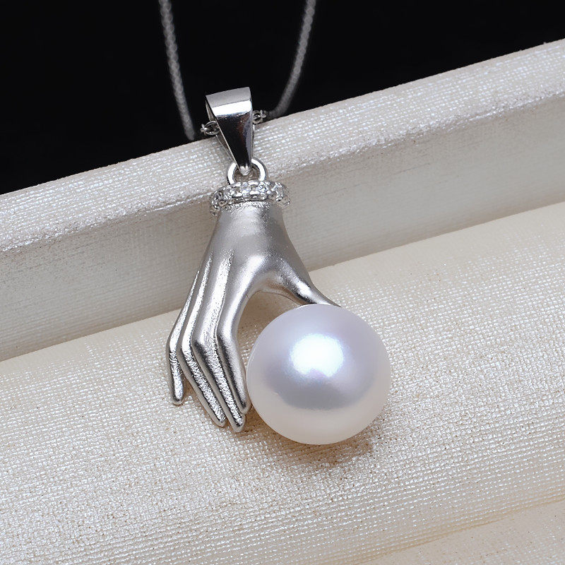 s925纯银天然淡水珍珠佛手吊坠掌上明珠项链坠好运连连百搭银坠子